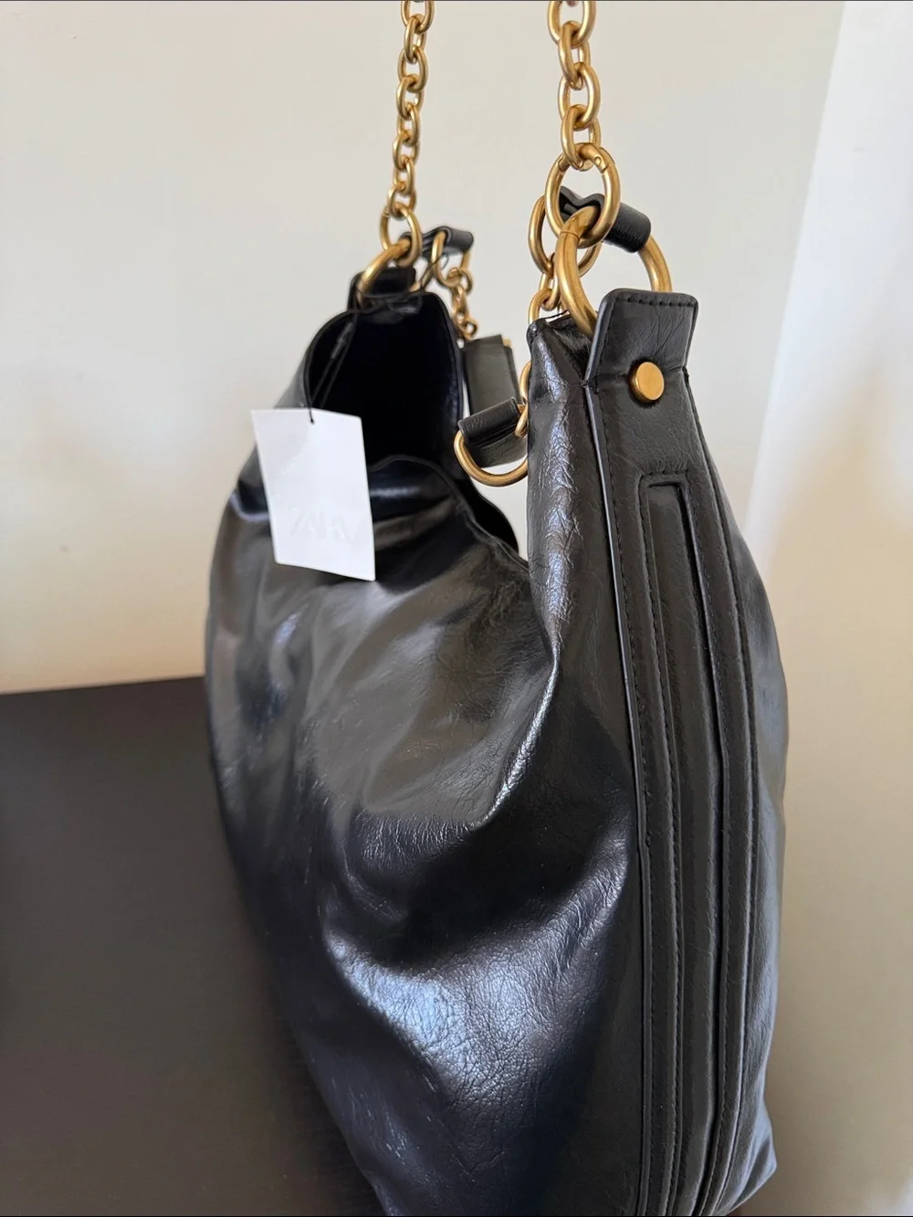 ZARA FR Black Hobo Bag with Gold Chain Accent